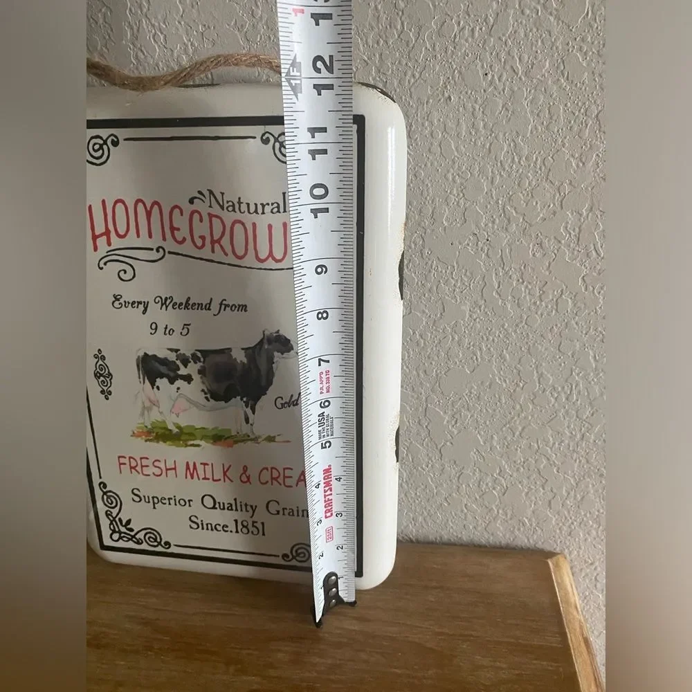 Farmhouse Distressed Metal White Homegrown Cow Sign Rope Hanger Wall Decor 12x8